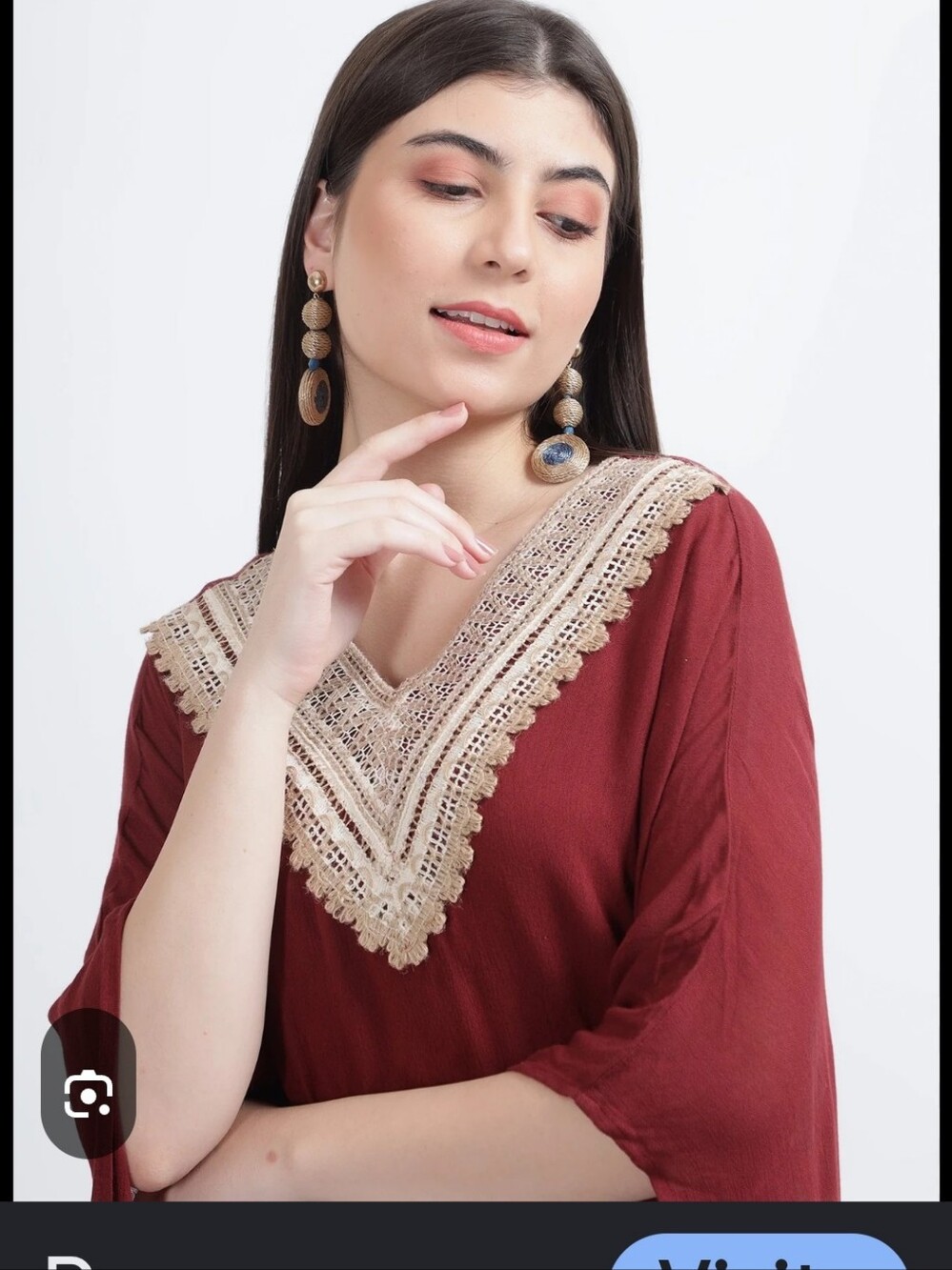 Womens Maroon Top with Lace V-Neck Long Sleeves Lace Pom Pom - Lyaner - M